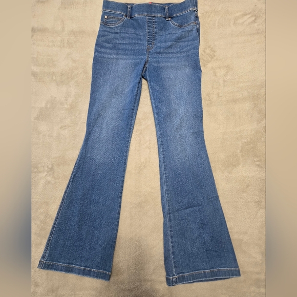 SPANX Denim - SPANX Women's Blue Flare Jeans High-Rise Sz L (32x31.5) Wide Leg Pull On Denim